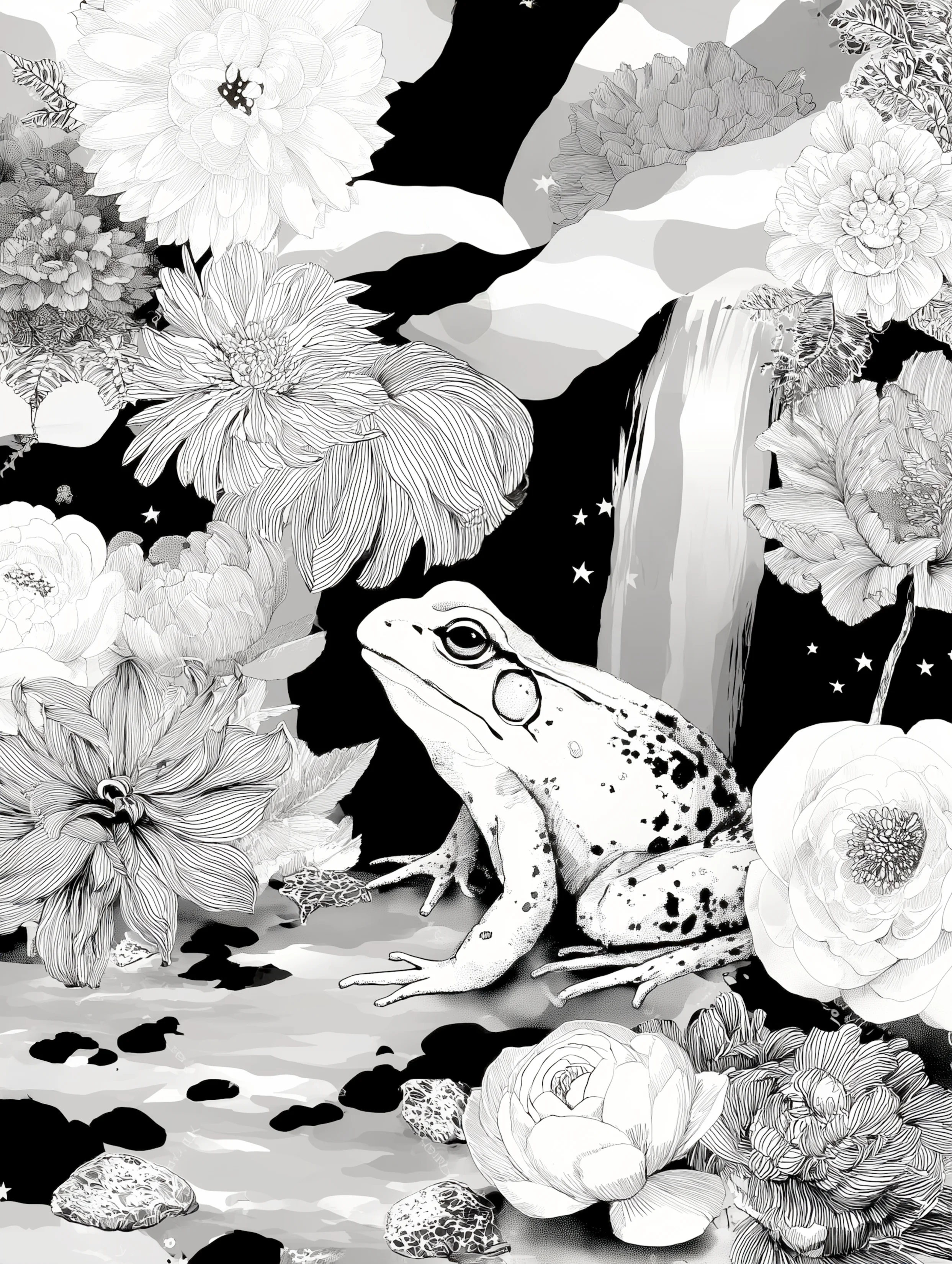 Free printable frog coloring page for adults featuring frog in the jungle